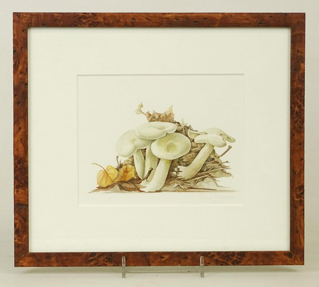 Jessica Elizabeth Harris Tcherepnine (1938-2019): Jessica Elizabeth Harris Tcherepnine (1938-2019), mushrooms, watercolor. Pencil signed and dated 2004 LRC. Sight 5 1/2" x 7".