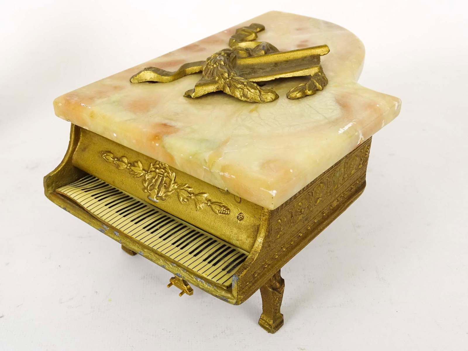 Piano Music Box: Vintage marble and cast metal piano music box. 8" x 5 1/2" x 4".