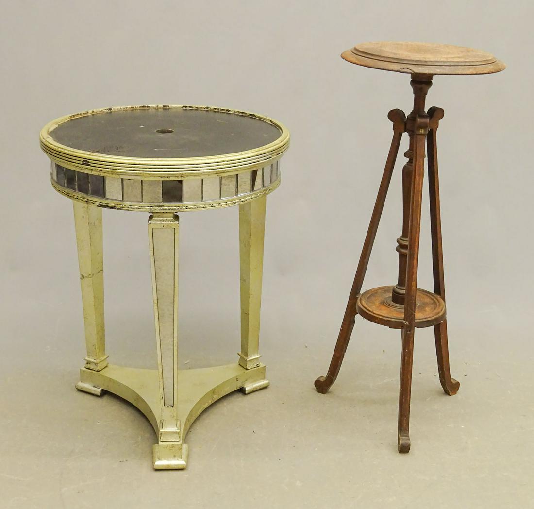 Table Lot: Lot including vintage mirrored table (19 1/2" D., 26 1/2" Ht.), and Victorian stand (13" D., 33 1/2").