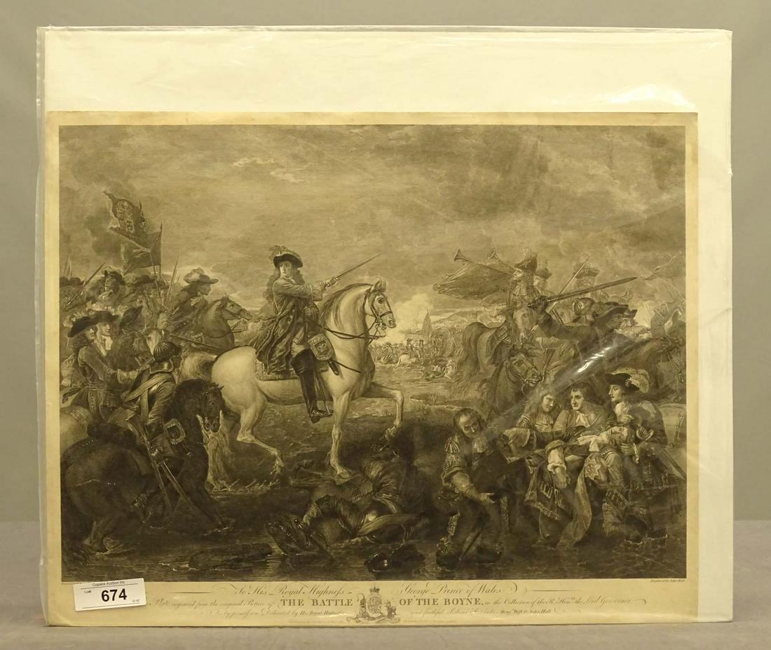Benjamin West Old Master Print: The Battle of the Boyne. Military engraving by John Hall after Benjamin West. London, C. 1760. 19" x 24".