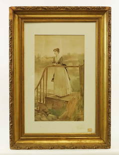 Percy (Edward Percy) Moran (1862-1935): Percy (Edward Percy) Moran (1862-1935), genre subject with woman on porch, chromolithograph. Signed LRC.