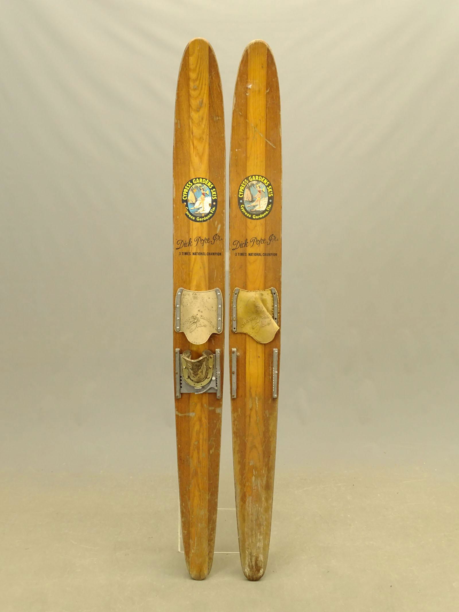 Pair Vintage Water Skis: Pair vintage water skis "CYPRESS GARDENS SKIS / DICK POPE JR.". 67" L...
