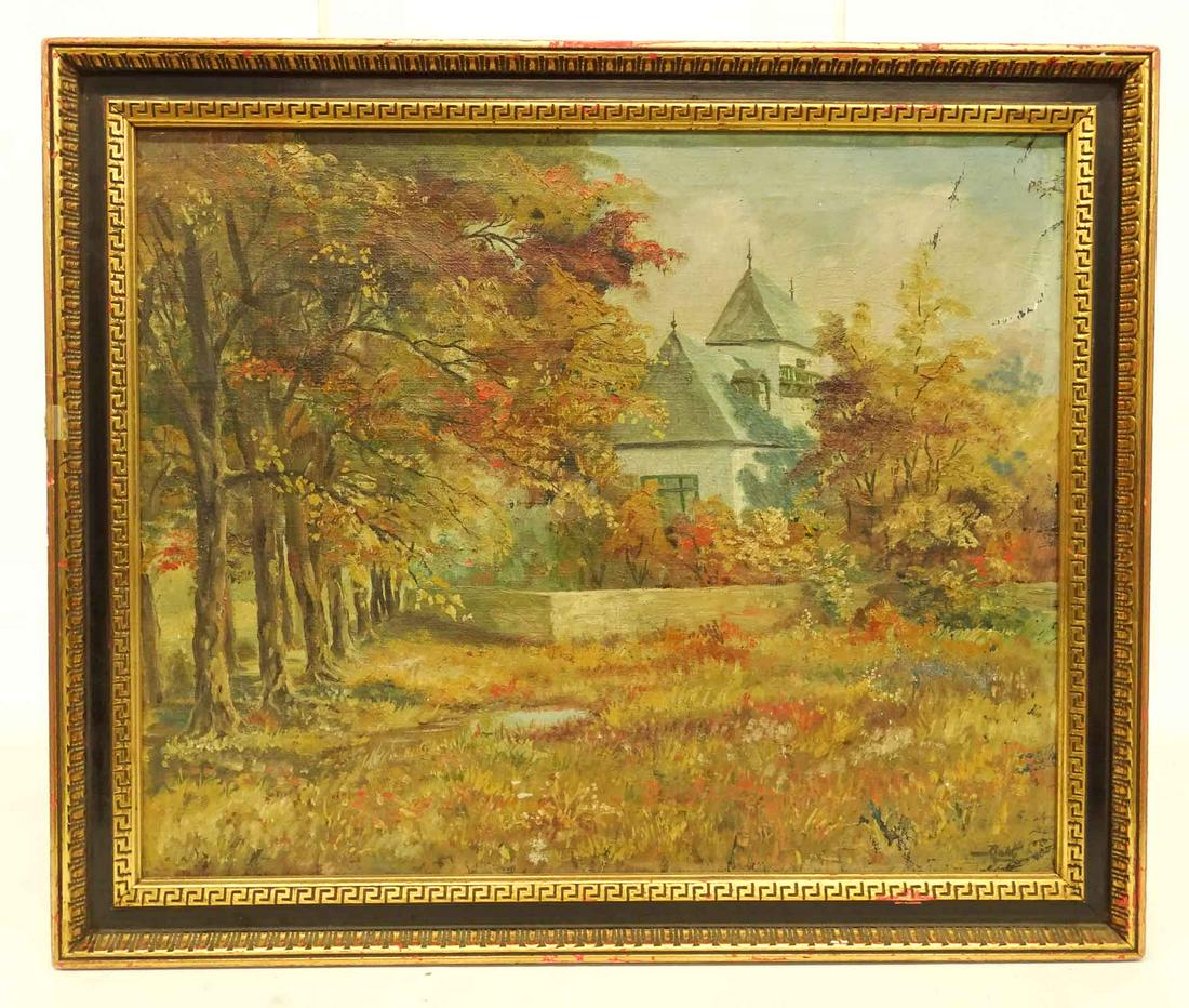Continental School, Landscape: Continental School, landscape with building. Signed LRC. 17" x 21".