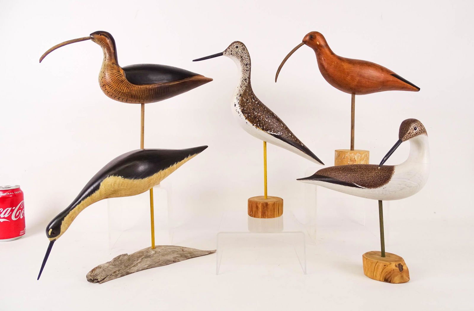 Shore Bird Lot: Lot of contemporary shore birds. Includes Ray & Amy Smith, Yellowlegs, 14" Ht. and "Stilt Sandpiper" (10 1/2" Ht.), K. Hower '04 (8 1/2" Ht.), and unsigned example. Tallest 13" Ht..