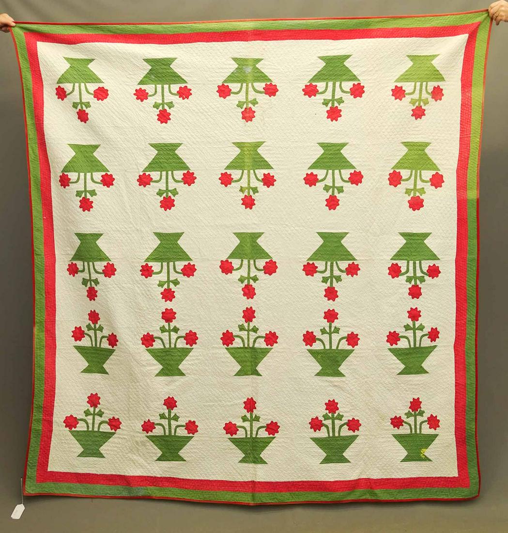 19th c. Floral Applique Quilt: 19th c. red, green and white basket of flowers floral applique quilt. 81 1/2" x 84 1/2".