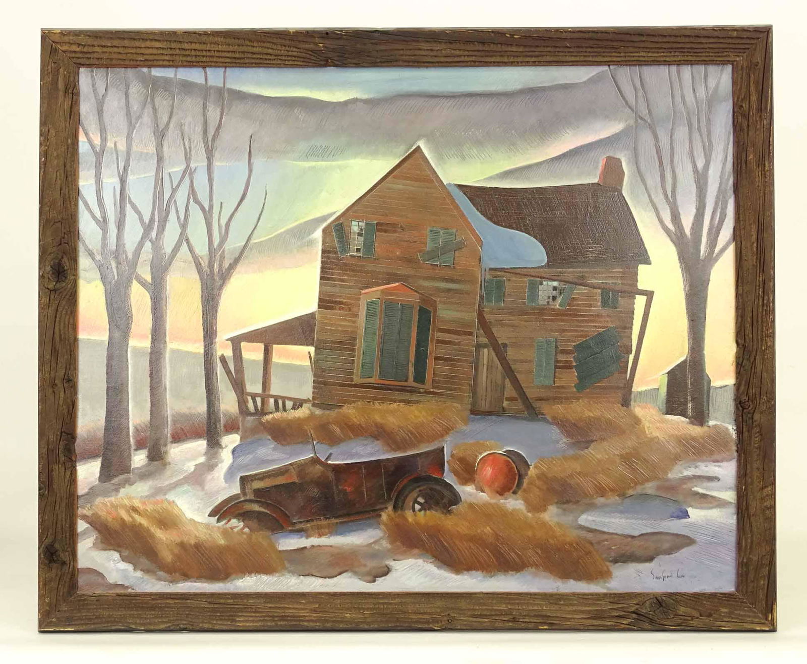 Sanford Low (1905-1964): Sanford Low (Ct. 1905-1964), landscape with house and early automobile. Oil on canvas. Signed LRC. 24" x 30 1/4".