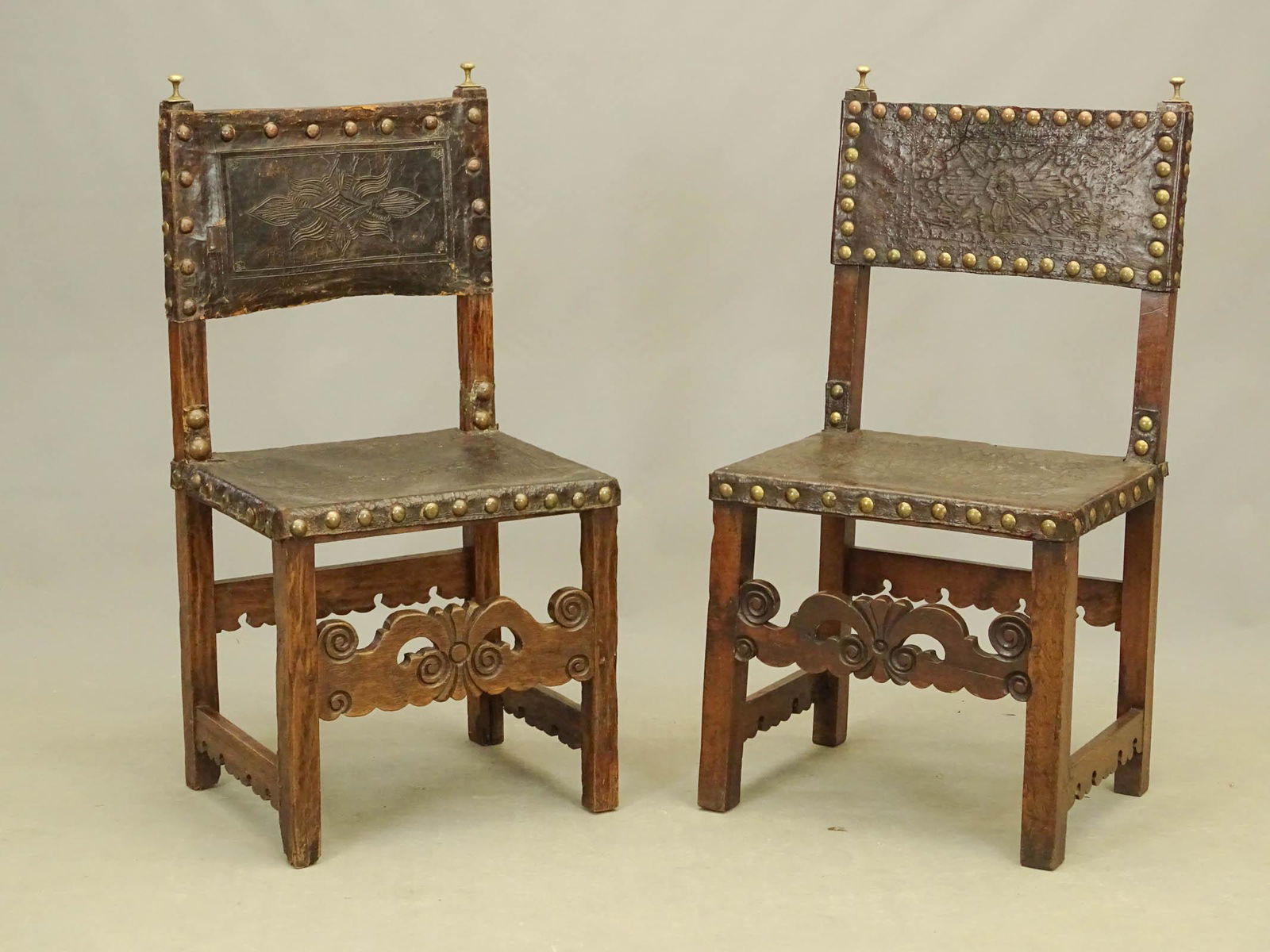 Pair Early Continental Leather and Wood Chairs (1 of 9)