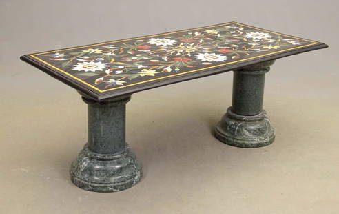 Indian Inlaid Marble Table: Indian inlaid marble table. Top raised on two columns. Top removable. 48" x 24", 19 1/2" Ht.. To benefit The Great Barrington Historical Society.