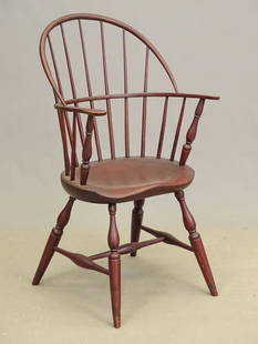 18th c. Windsor Chair: 18th c. sack back Windsor chair. Maple, pine and hickory. Early surface. 17 3/4" seat Ht., 38" overall Ht..