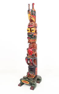 Totem Pole: Early polychrome painted cedar totem pole. Marked "R.G.B., lower backside post. 29 1/2" Ht..