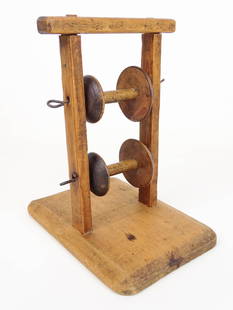 Early Spool Stand: Early pine and maple spool stand. 7" x 9 1/2" x 12".