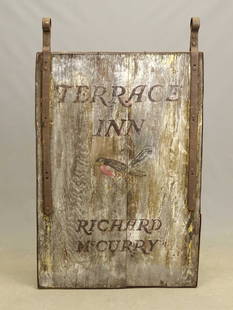 Trade Sign: 19th c. pine, iron framed trade sign "TERRACE INN". Double sided. 28 1/2" x 48 1/2".