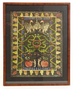 Adam & Eve Scherenschnitte: 19th c. cut paper and watercolor Adam and Eve Scherenschnitte. Period mahogany veneer frame. Sight 19" x 15".