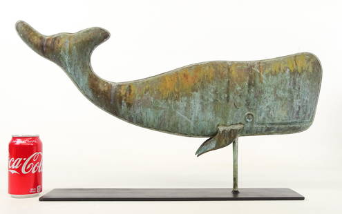 Whale Weathervane: Whale weathervane. Copper in verdigris patina. Stand included. 24" x 13 1/2".