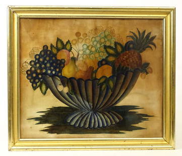 19th c. Theorem: 19th c. theorem, basket of fruit. Oil on velvet. Period gilded frame. Sight 15" x 18 1/2".