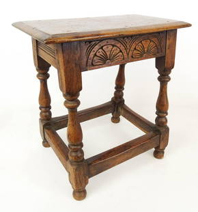 Early Joint Stool: Early oak joint stool with carved aprons. 18" x 10 1/2" x 18 1/2".