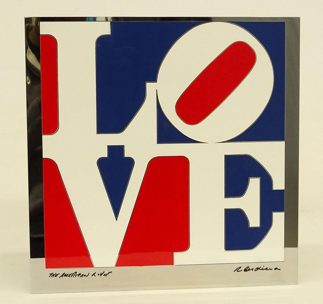 Robert Indiana (1928-2018): Robert Indiana (1928-2018), The American Love, enameled and chrome plated brass 11 1/2" square. 11 1/2" x 11 1/2".