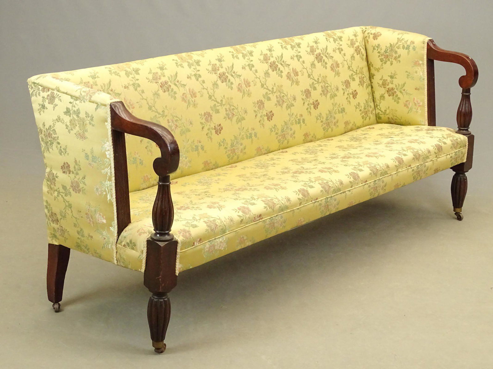 19th c. Federal Mahogany Sofa: 19th c. Federal mahogany sofa with fluted front legs, fluted stiles and rolled arms. 78" x 22" x 33".