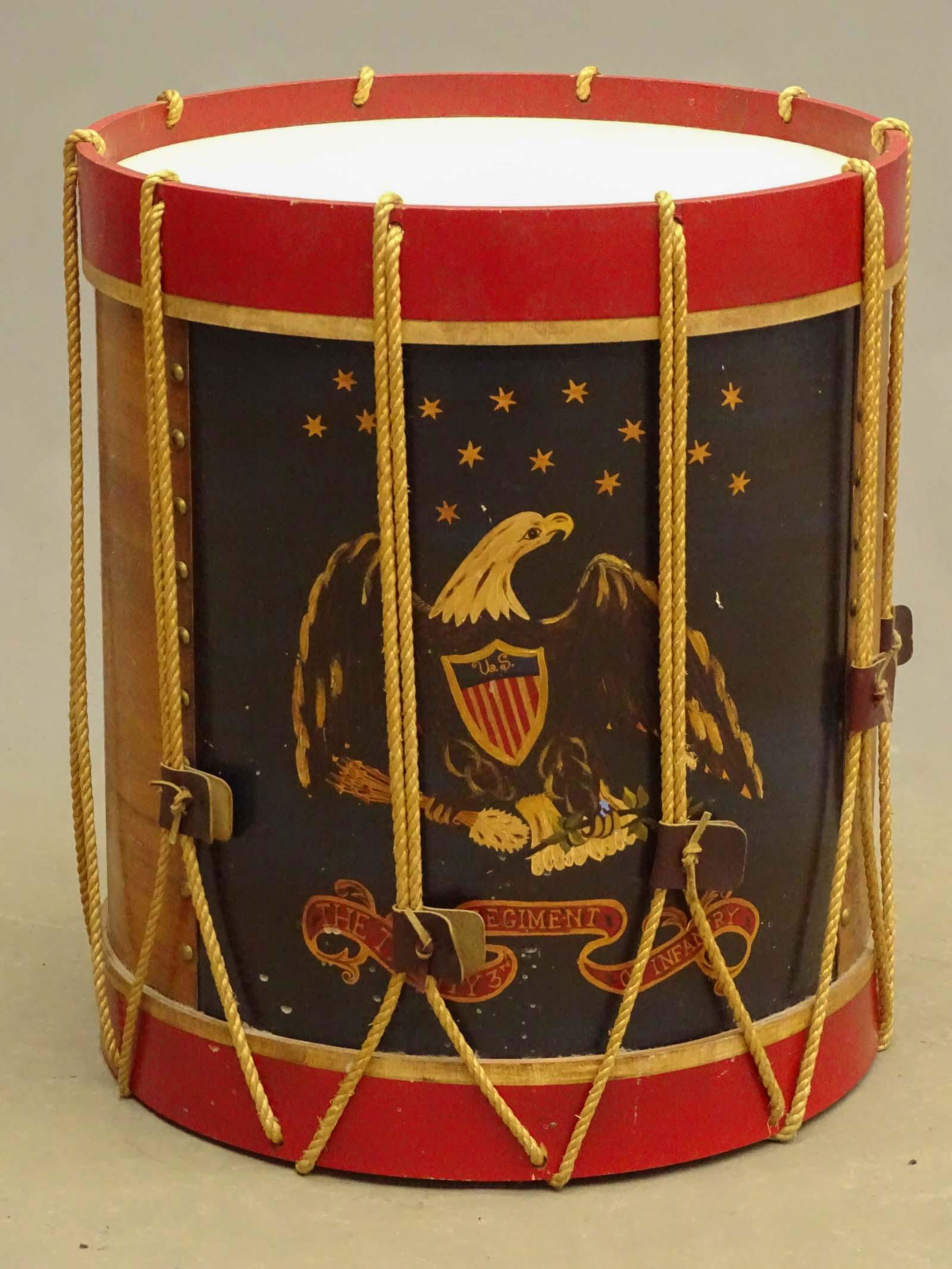 Patriotic Drum: Patriotic paint decorated drum "THE TWENTY 3rd / REGIMENT / OF INFANTRY". 19" D., 22" Ht..