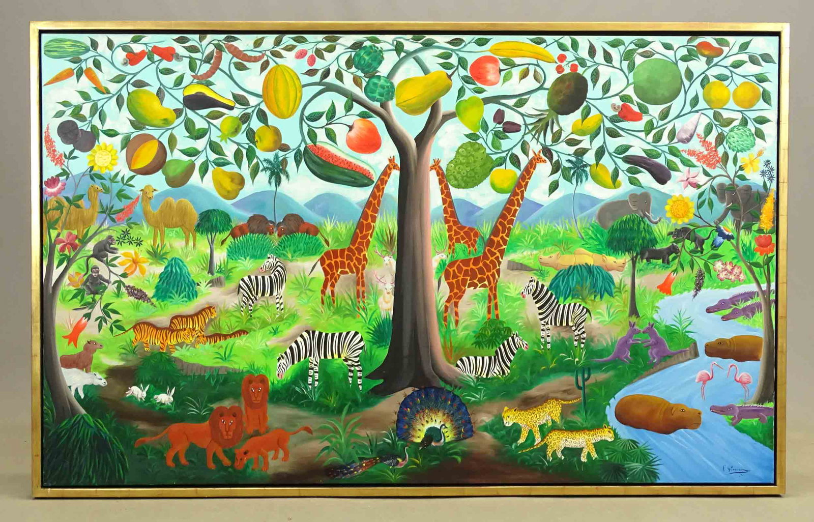Fernand Pierre (1919-2002): Painting: Fernand Pierre (Haiti 1919-2002), "Jungle & Animals", oil on canvas. 44" x 72". Provenance: Fabian Gallery, Madison Avenue New York.