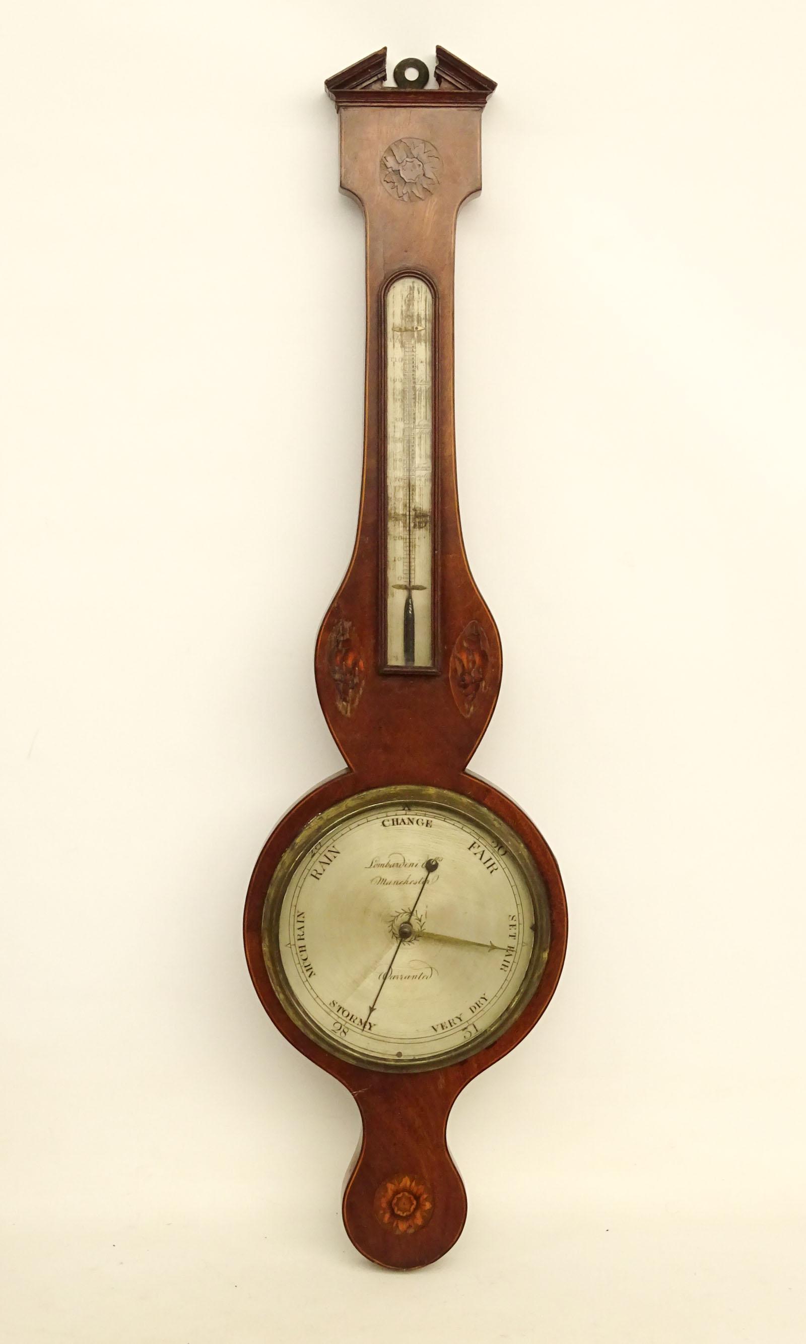 George III Barometer: George III inlaid barometer. Marked Lombardini Manchester. 38" L..