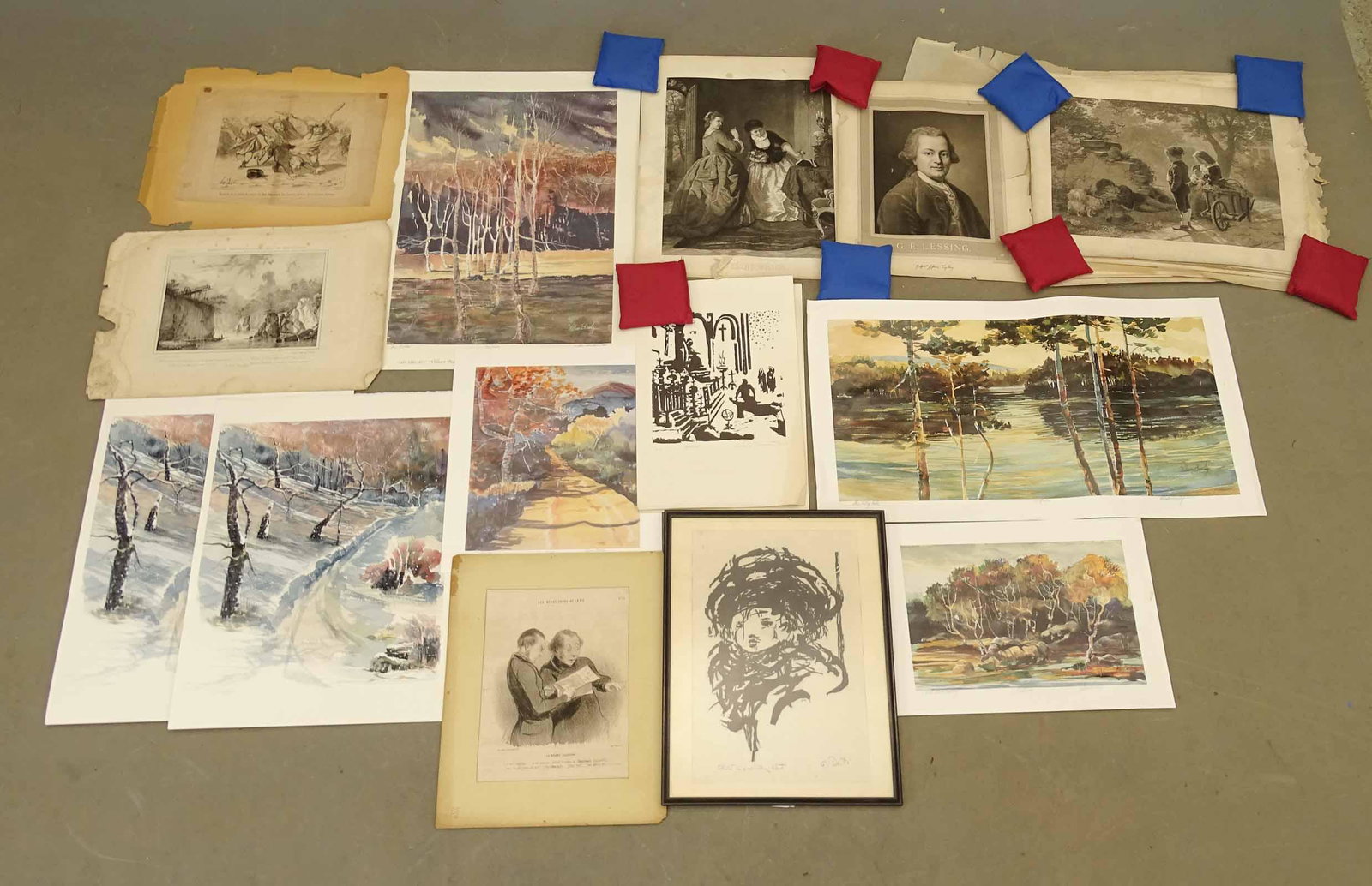 Misc. Artwork: Misc. artwork lot including woodcut by Arthur Danto "Child in a Winter Hat", (2) 1960's Religious loose woodcuts, misc. loose artwork including Will Bradley lithos.