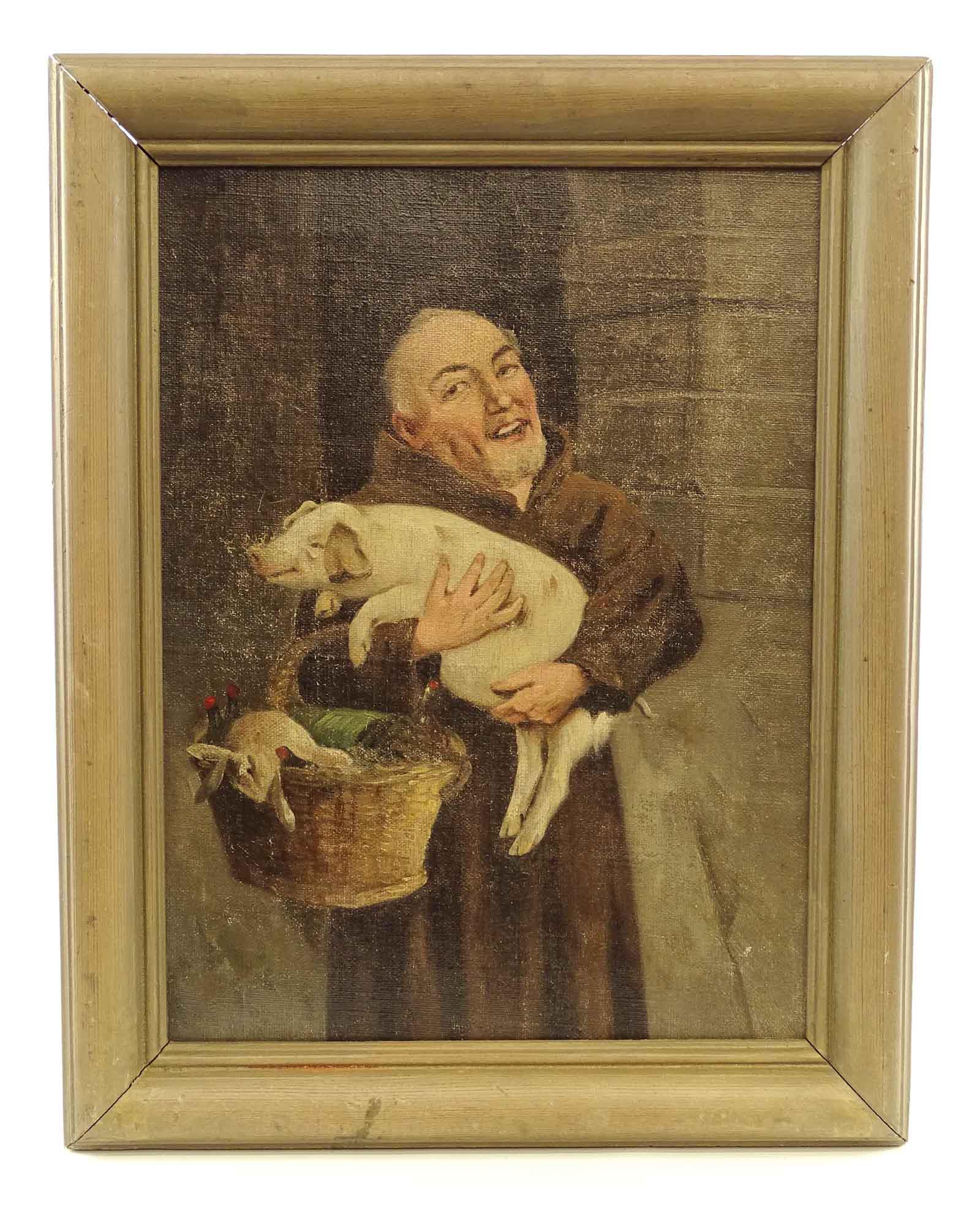 Continental School, Monk with Animals: Painting: Continental School, monk with animals, oil on canvas. 16 1/4" x 12 1/4".