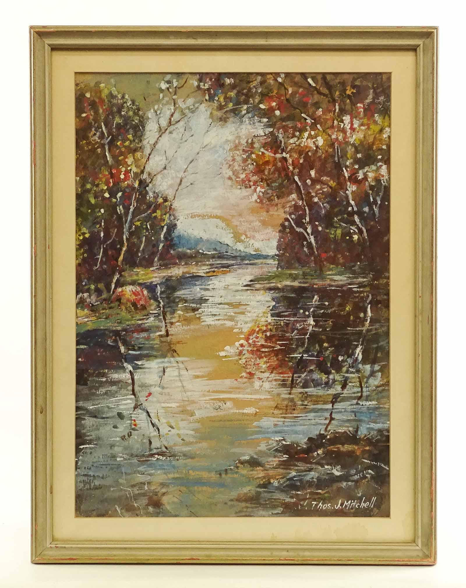 Thomas J. Mitchell (20th Century): Thomas J. Mitchell (20th Century), landscape, gouache. Sight 15 1/2" x 11".