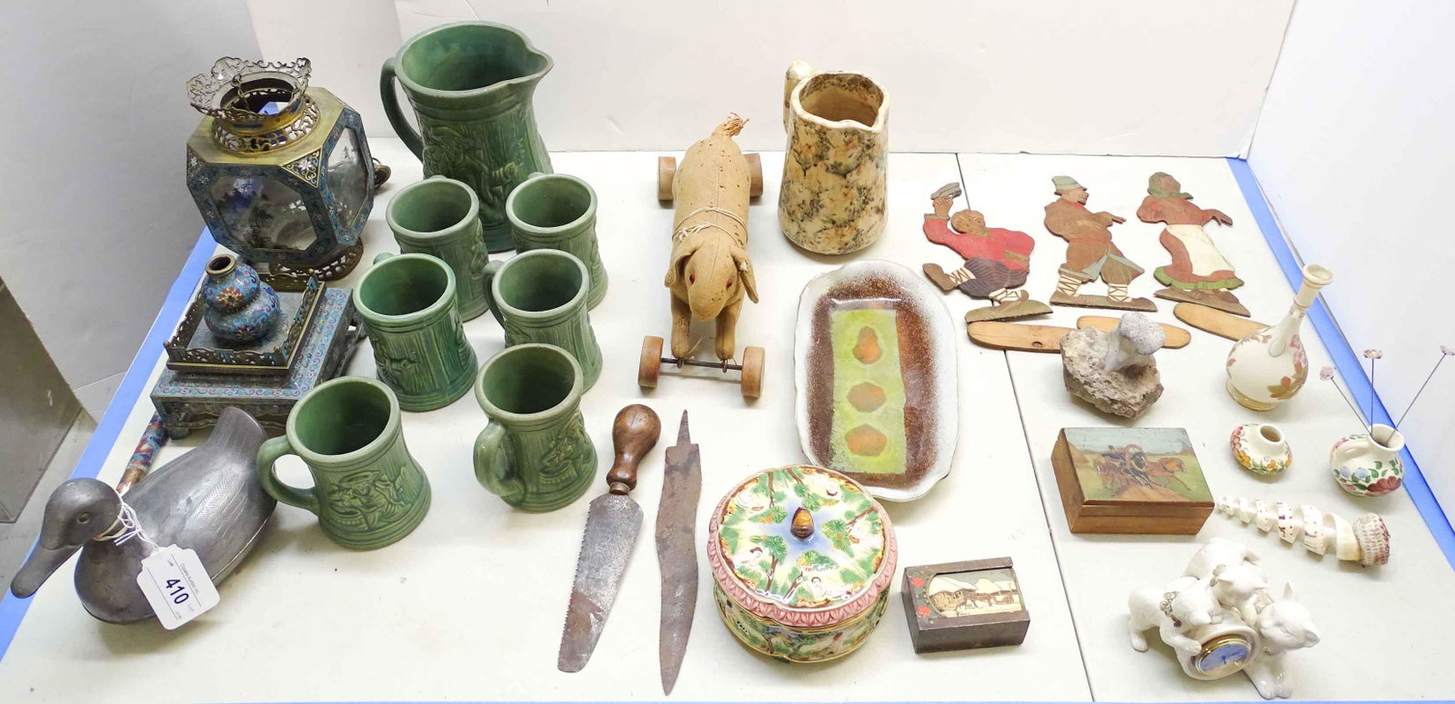 Misc. Lot: Misc. lot including spongeware pitcher, McCoy Pottery Buccaneer mugs with pitcher, Mid Century art glass pin tray, Italian powder jar, miniature pitcher and vase, Royal Worcester bud vase, Lenox kitte