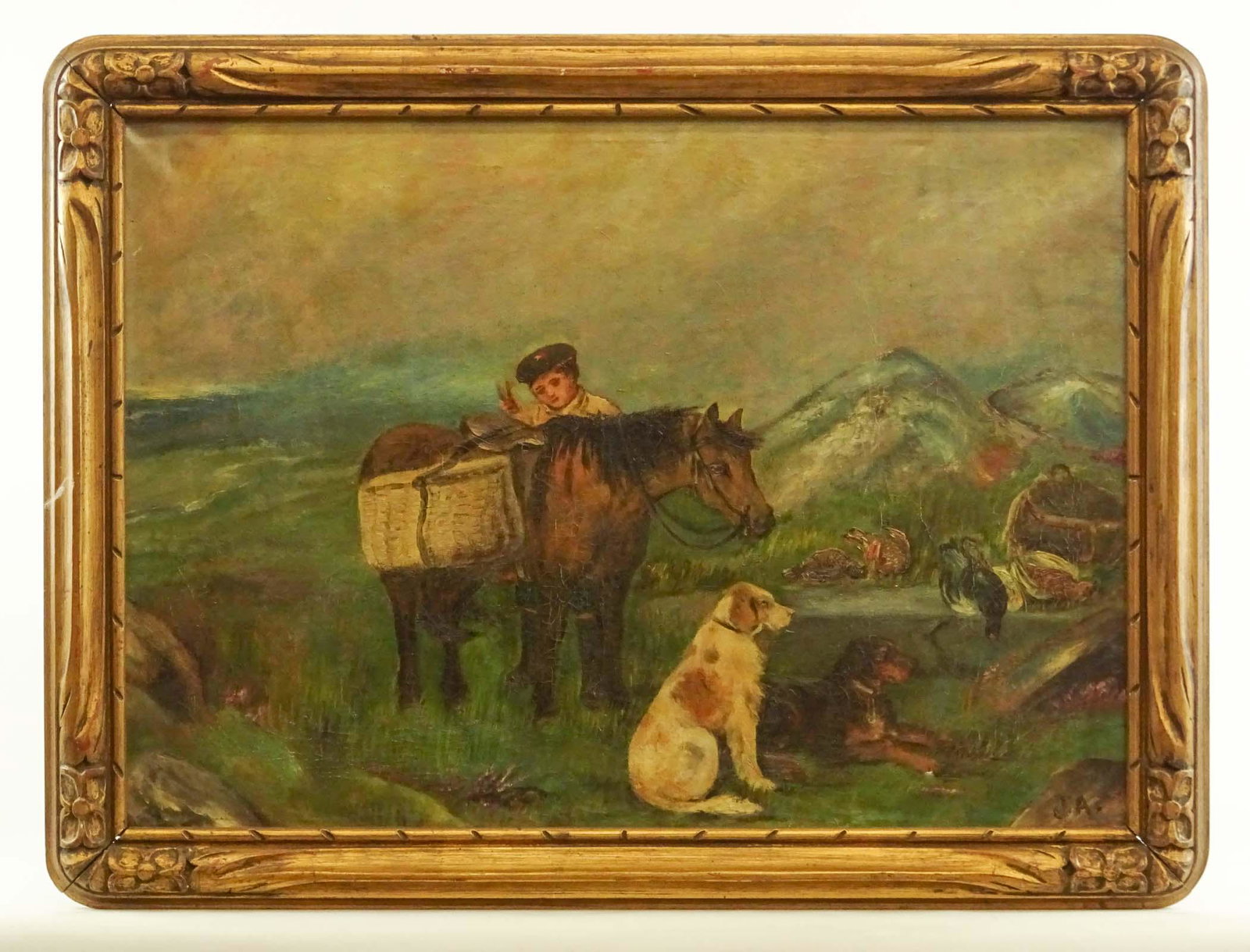 Continental School, Camping Subject: Painting: Continental School, camping subject with boy and dogs. Oil on canvas. Signed LRC "J. A.". 20" x 28".
