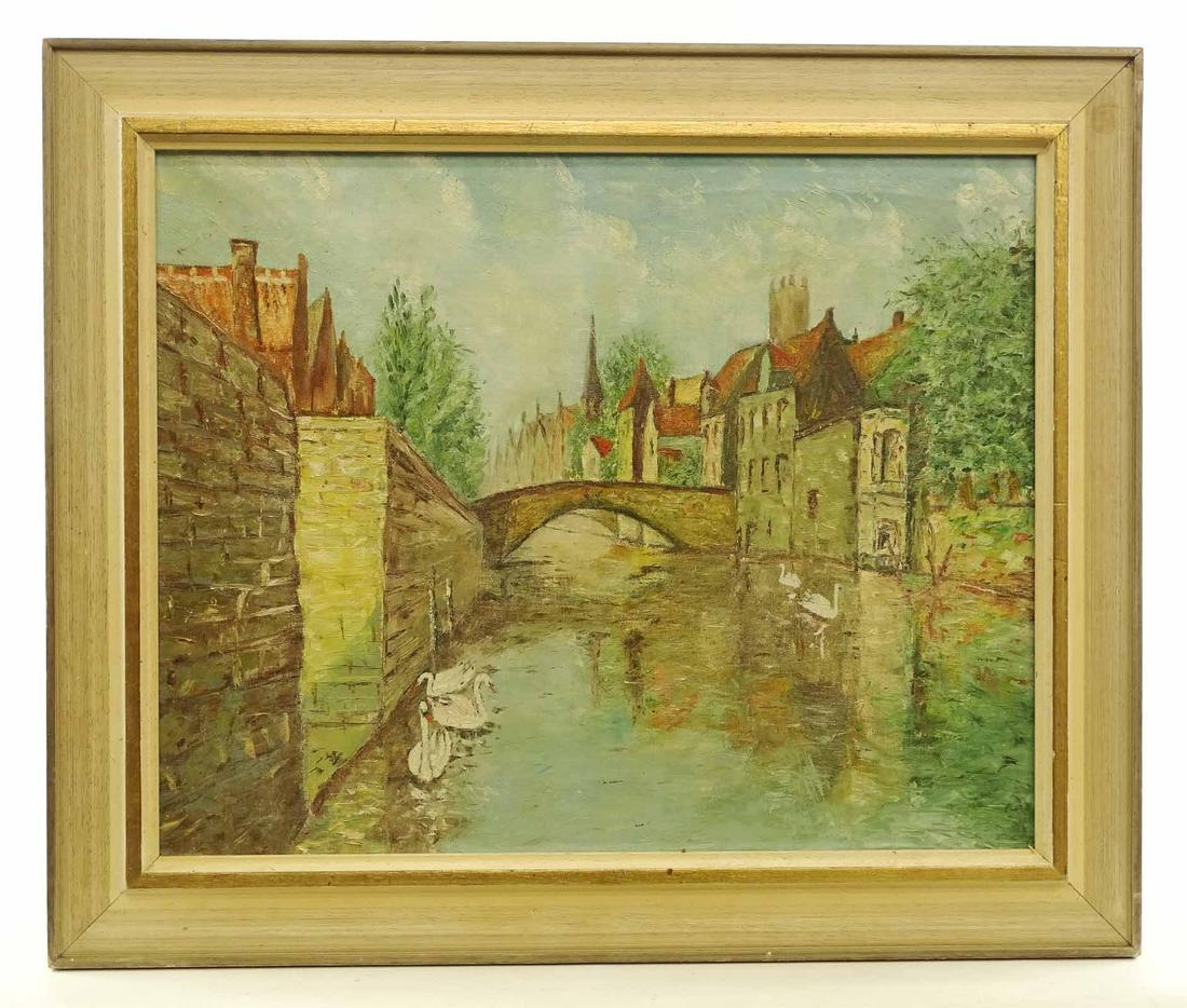 Continental School, Village Scene: Painting: Continental School, Village scene, oil on canvas. 16" x 20".