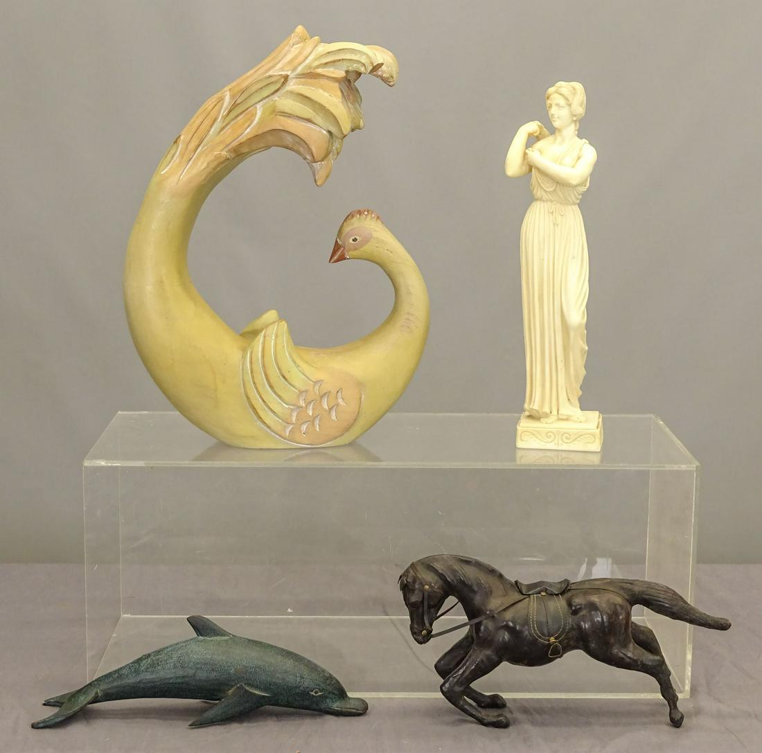Misc. Lot: Misc. lot including Italian composition statue of Classical woman (18 1/2" Ht.), wooden sculptures and leather horse.