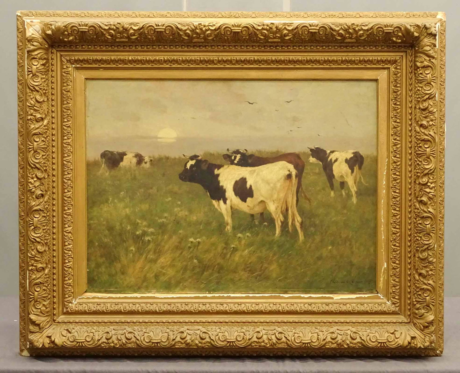 William Henry Howe (1846-1929): Painting: William Henry Howe (New York, Connecticut, Ohio 1846-1929), cows grazing in field, oil on canvas. 24" x 32 1/2". Previously sold at Julia lot 1101, 2/03/2016.