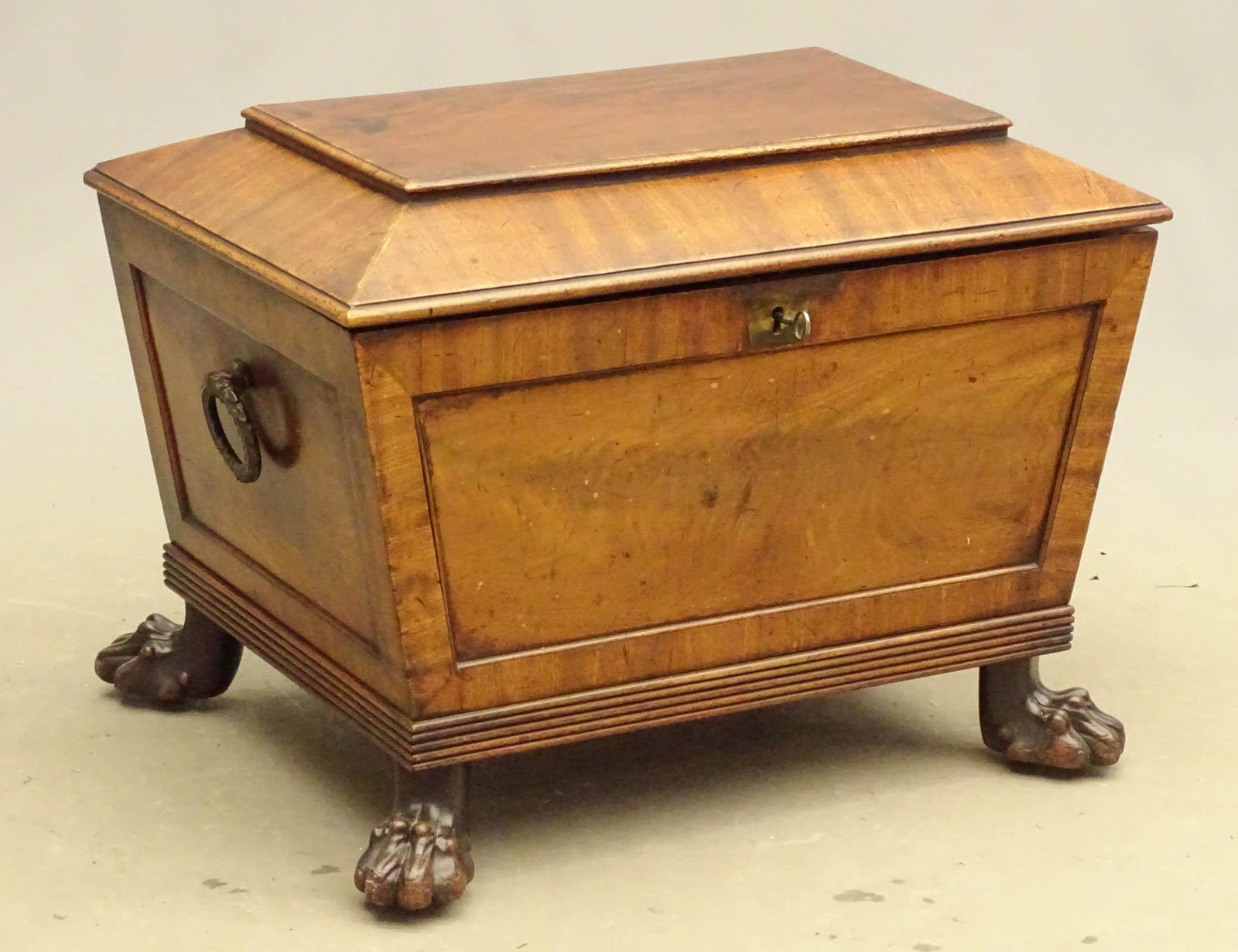 19th c. Mahogany Cellarette: Early 19th c. mahogany Cellarette. Original interior. Paw feet, side handles. 26" x 17" x 20".