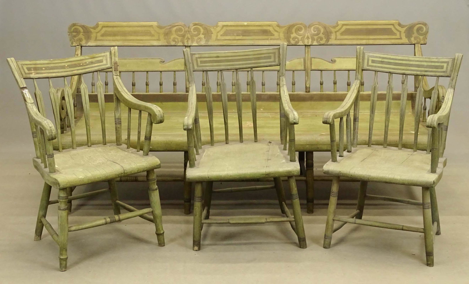 19th c. Penna. Settee & Chairs: 19th c. Penna. settee and (3) chairs. As found. Settee 78" x 25" x 35".