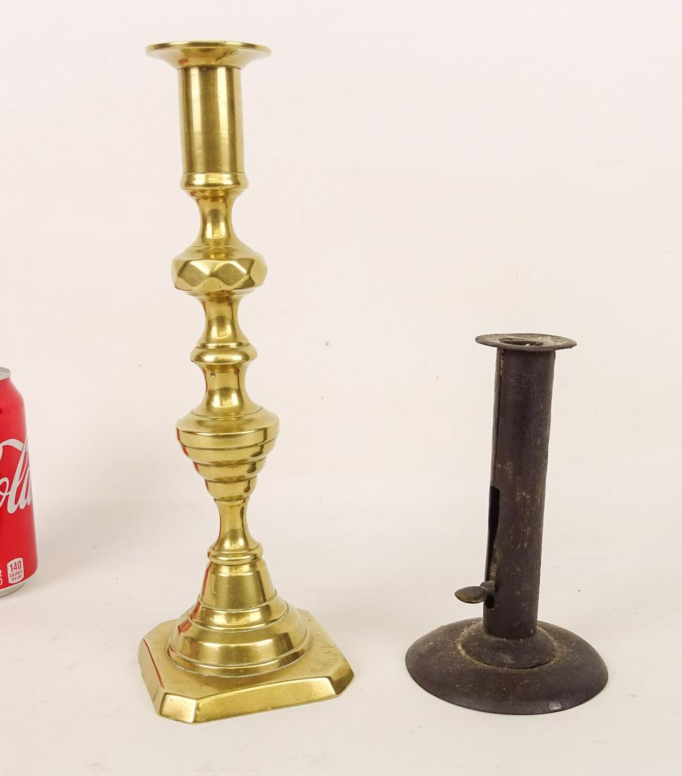 Candlestick Lot: Lot including 19th c. beehive candlestick (10 3/4"), 19th c. tin 6" adjustable hog scraper candlestick.