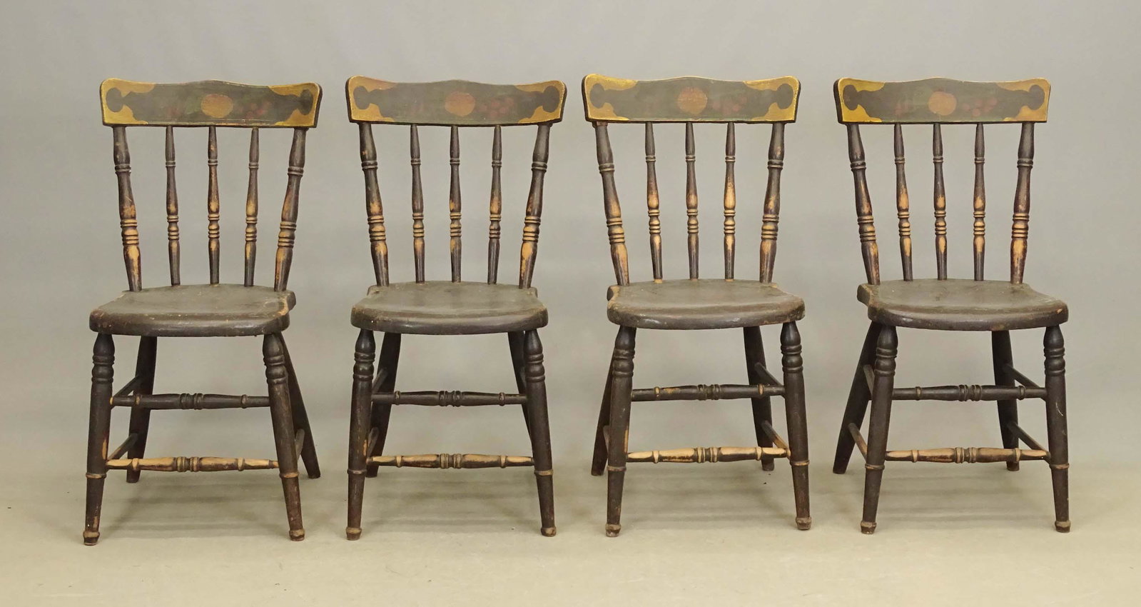 Set (4) 19th c. Chairs: Set of four 19th c. paint decorated chairs. 17 1/2" seat Ht., 33" overall Ht.. Provenance: Estate of Philip And Kathleen Seibel, Catskill New York.