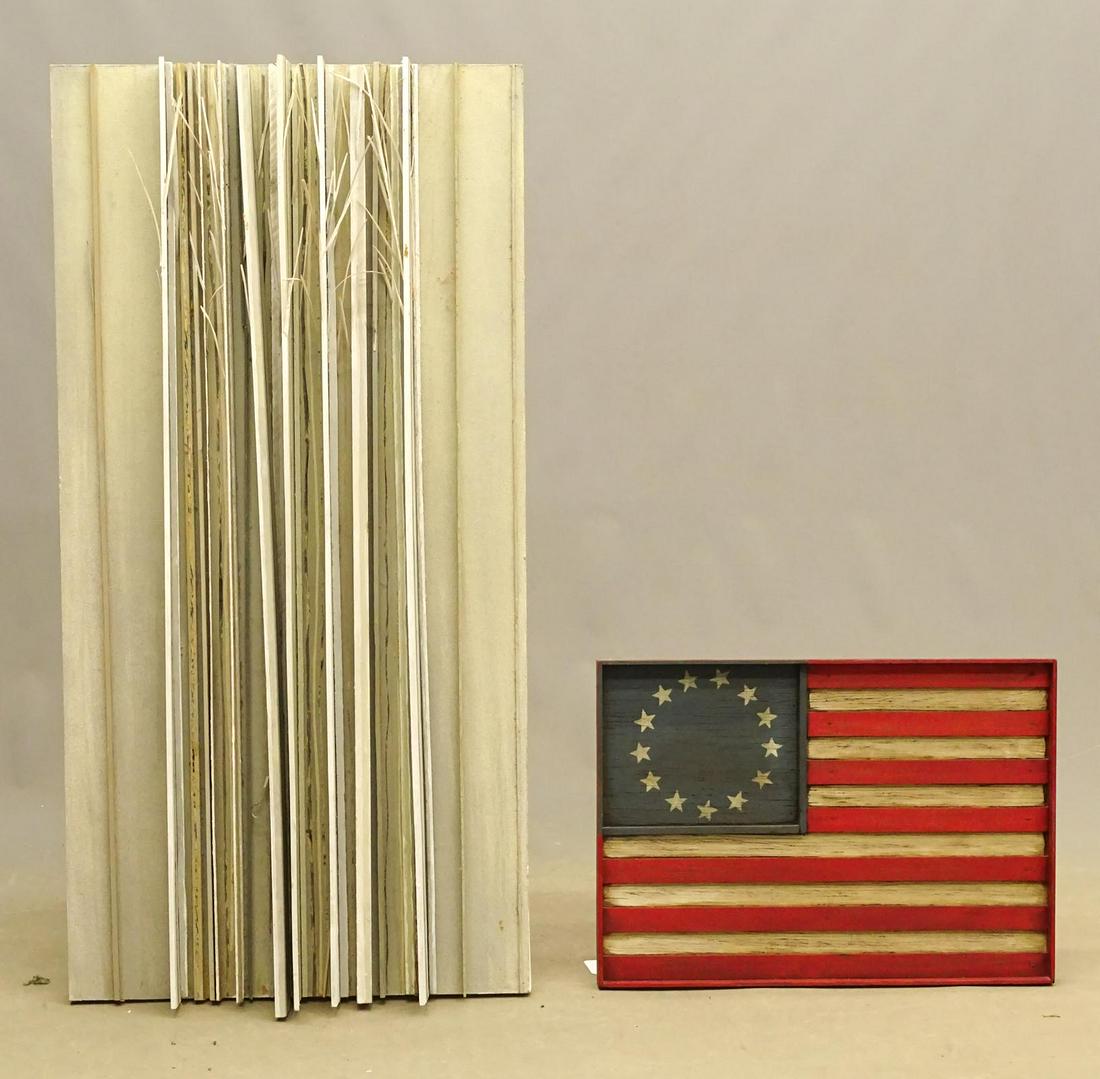 Folk Art Flag Wall Hanging Lot: Folk art wooden flag wall hanging, along with a Steven Walling wall hanging (as found). 17 1/4" x 24 1/2".