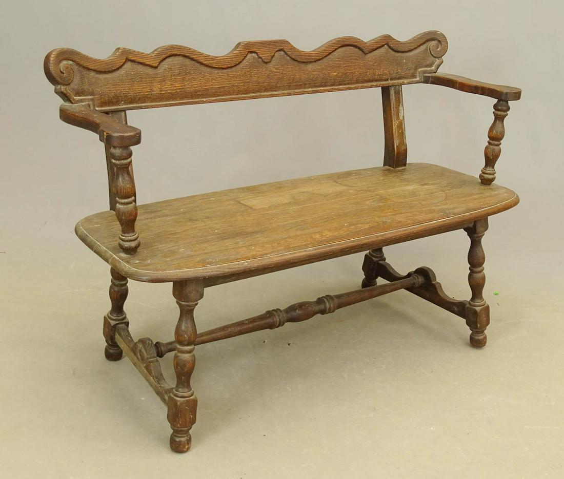 Oak Settee: Oak settee. 41 1/2" x 16 1/2" x 28 1/2".