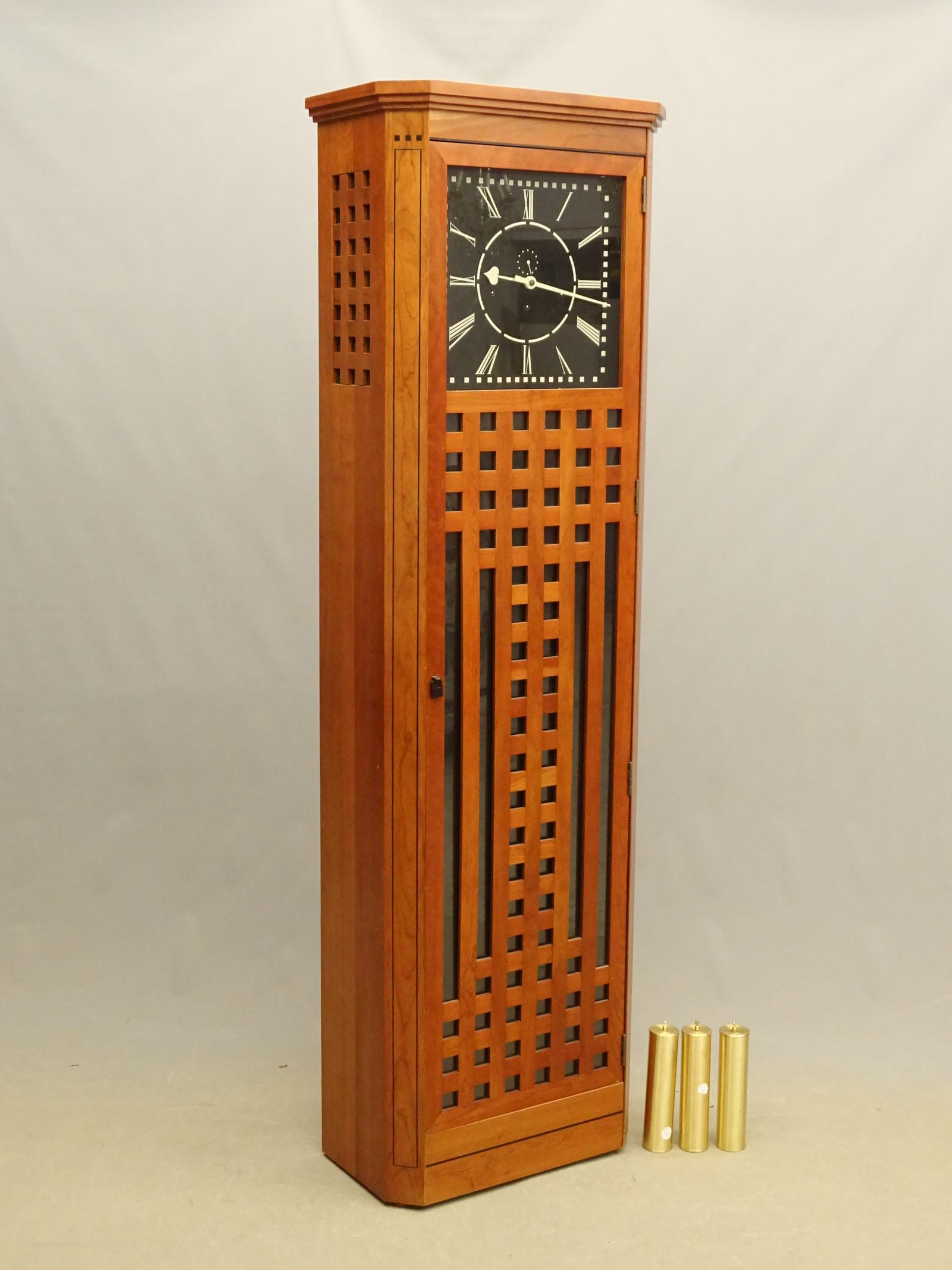 Stickley By Audi Grandfather Clock: Contemporary Arts and Crafts style grandfather clock. 22 1/2" x 10" x 81". Stickley By Audi.