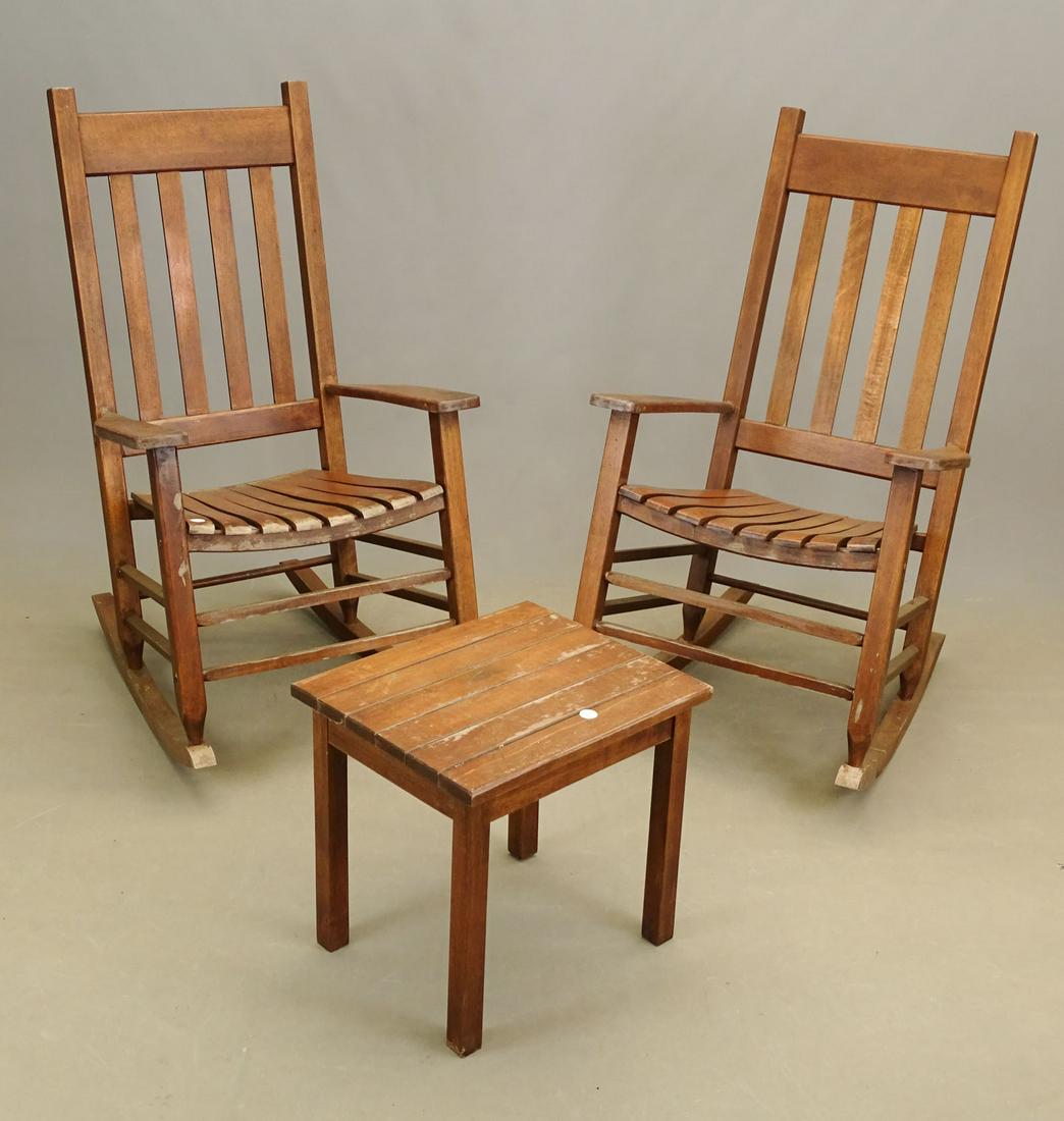 Porch Rocking Chairs & Table: Lot (2) porch rocking chairs and table.