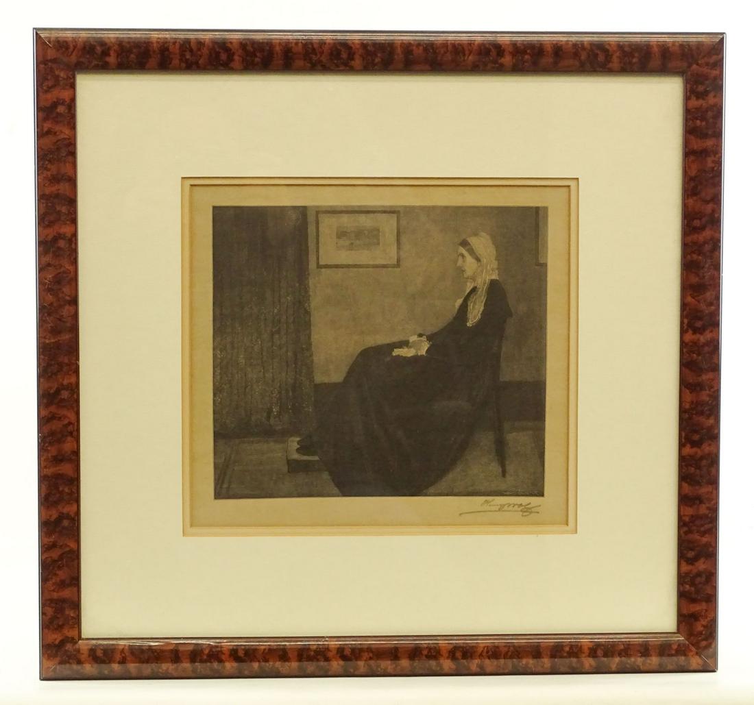 Henry Wolf Engraving "Whistlers Mother": Early Henry Wolf engraving "Whistlers Mother". Bearing pencil signature LRC. Sight 9 1/2" x 10 1/2".