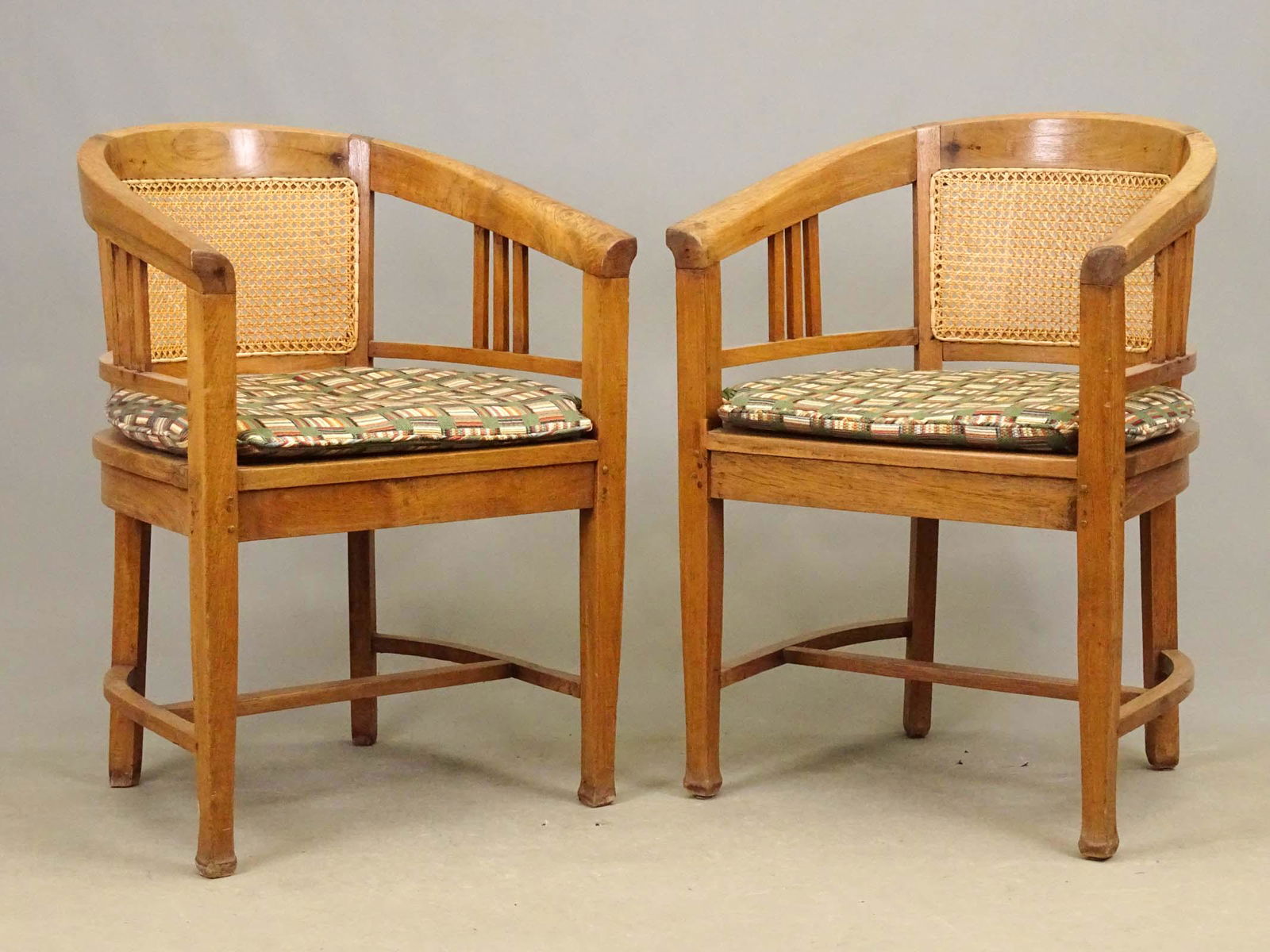Pair Decorative Armchairs: Pair decorative caned armchairs. 19" seat Ht., 33" overall Ht..