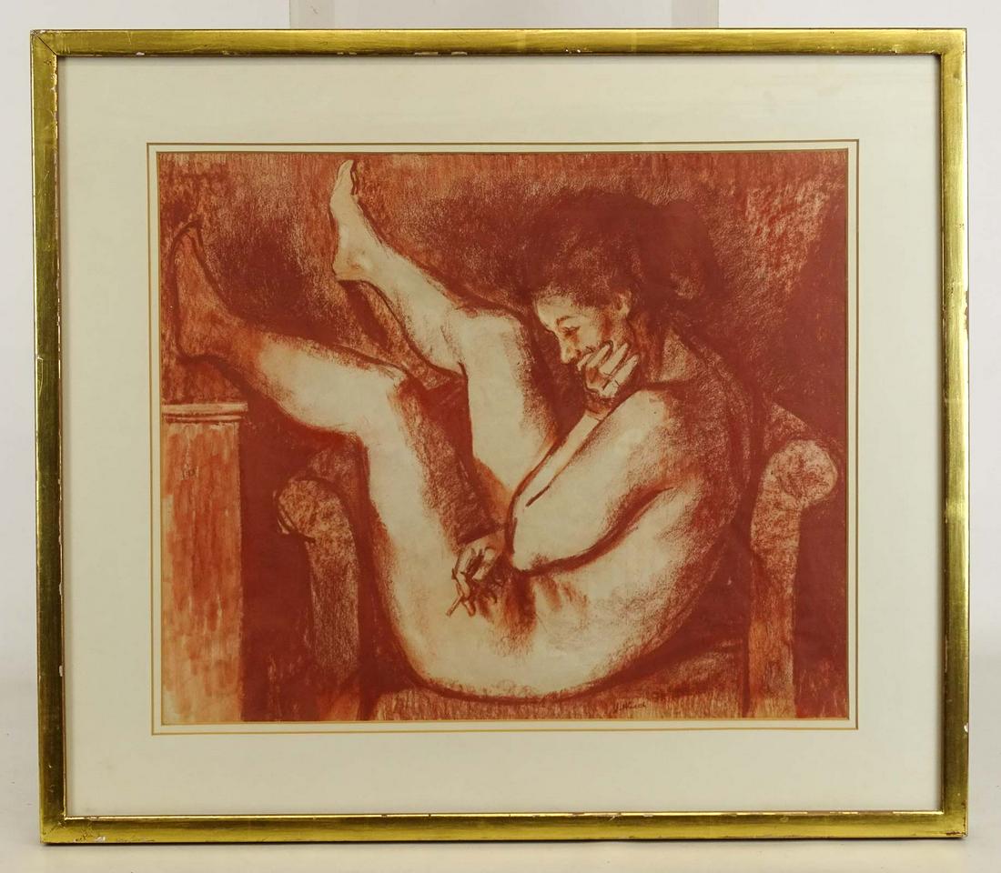 Joseph Hirsch Nude Woman: Joseph Hirsch (1910-1981). Nude by Firelight. Sanguine. Forum Gallery label verso. Sight 16 1/2" x 19 1/2".