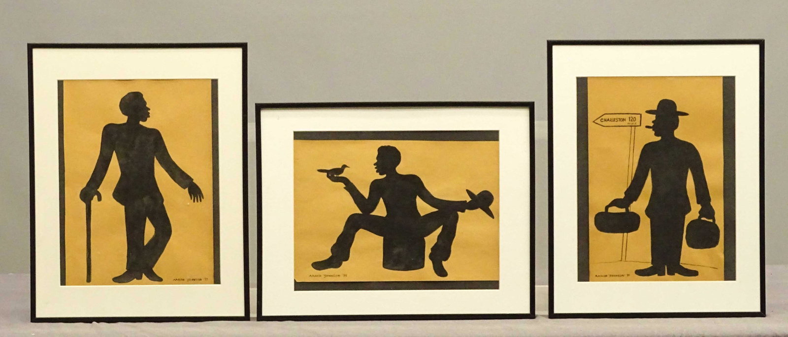 Folk Art Silhouettes: Lot (3) folk art Silhouettes signed and dated "Aaron Johnson '39". Watercolor on paper. Sights 10" x 13 1/2", 13 1/2" x 9 1/2" and 13 1/2" x 9".