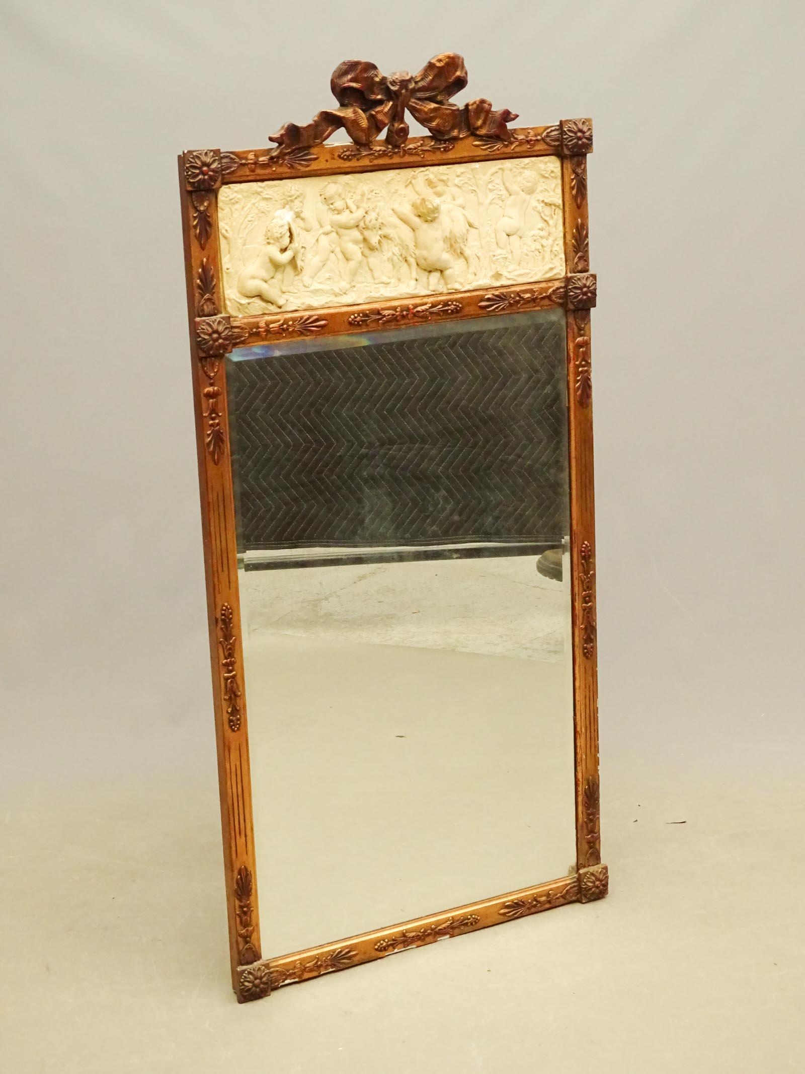 Continental Mirror: Early Continental mirror with top plaster frieze. 25 3/4" x 52 1/2".