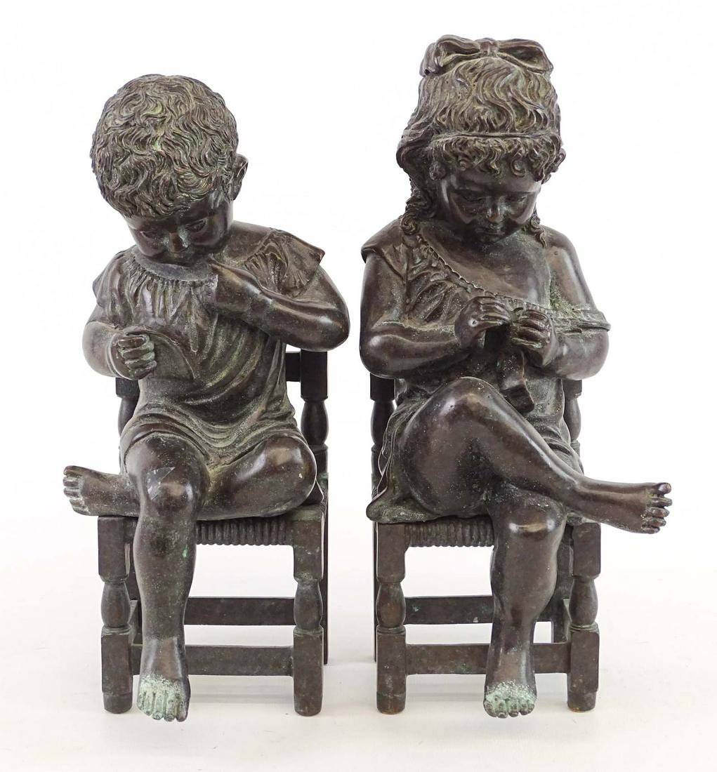 Pair Bronze Children: Pair of bronze children on chairs. Tallest 13" Ht..