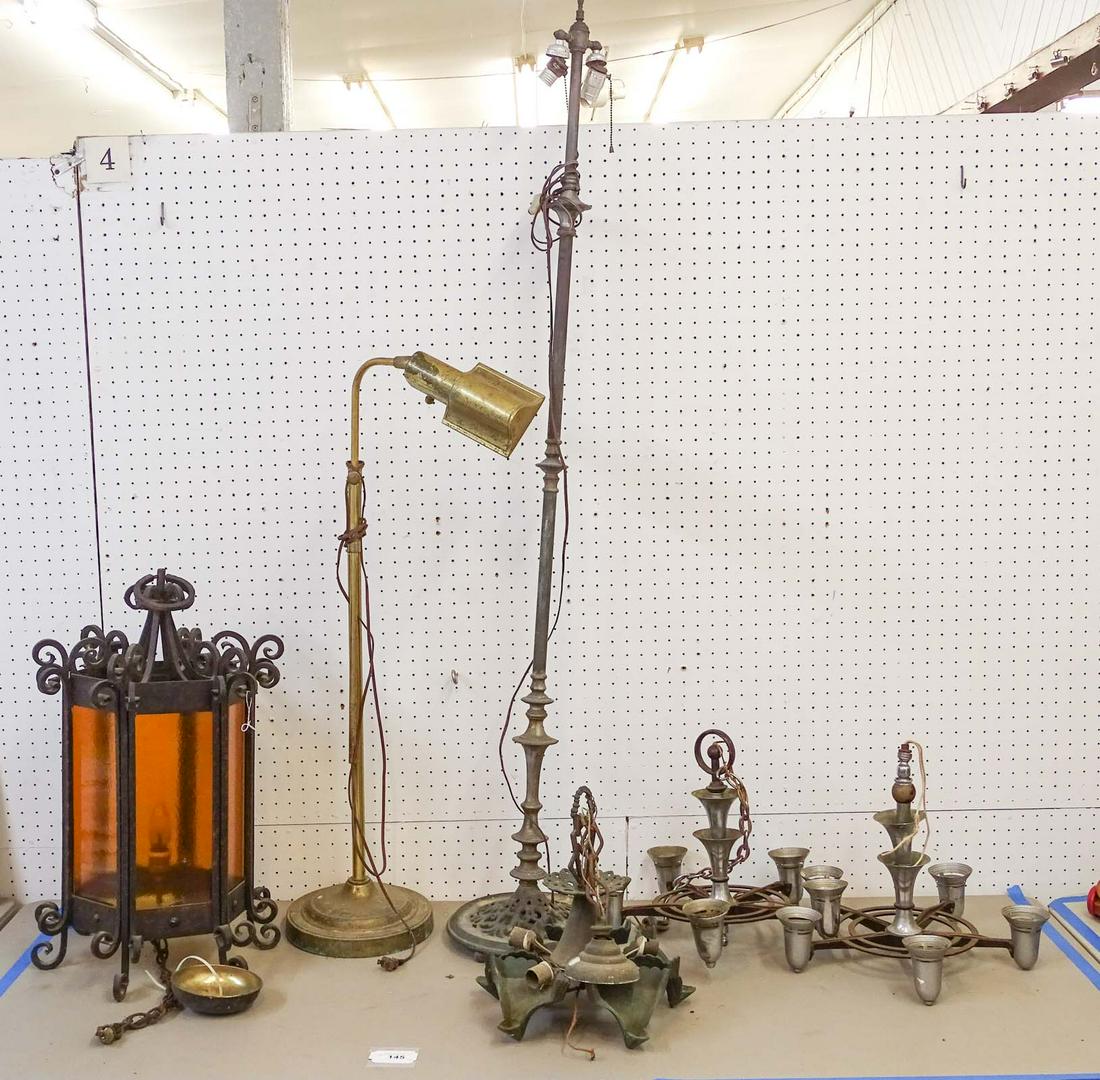 Lighting Lot: Misc. lighting lot including wrought iron lamp, pair of hanging chandeliers, chandelier, (2) lamps.