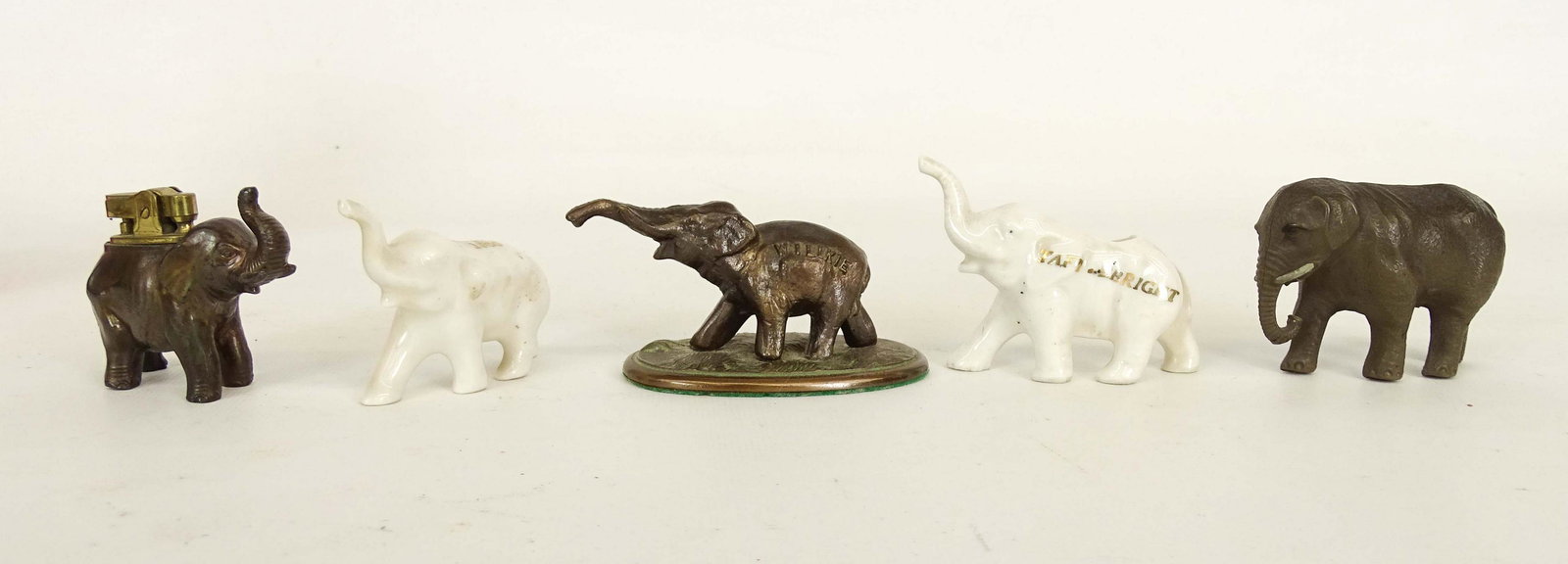 Political GOP Elephants Lot: Lot (5) GOP Political elephants including "Willkie & McNary", "Taft & Ebright", celluloid, miniature desk lighter.