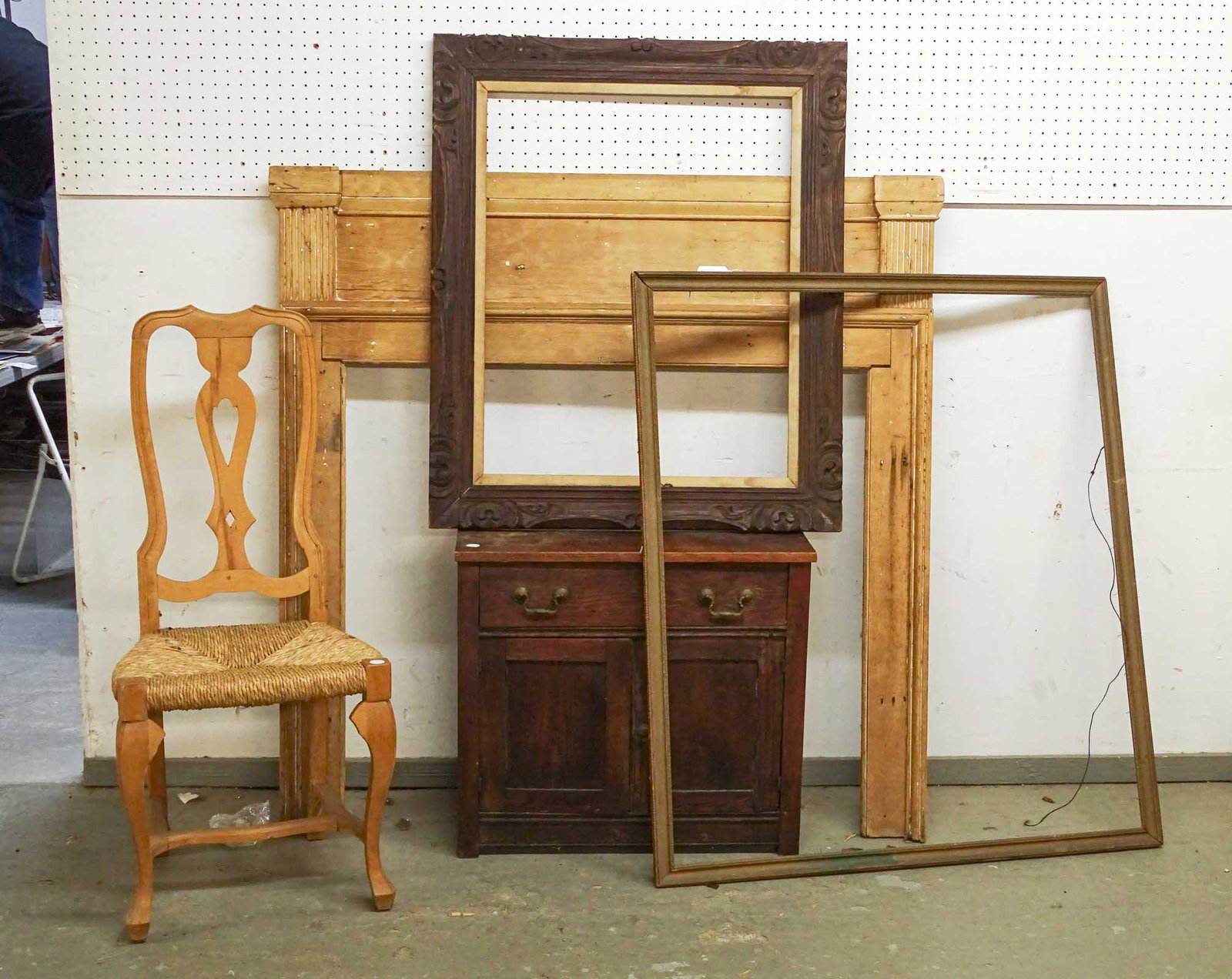 Misc. Lot: Misc. lot including oak washstand, (2) frames and mantel and chair.